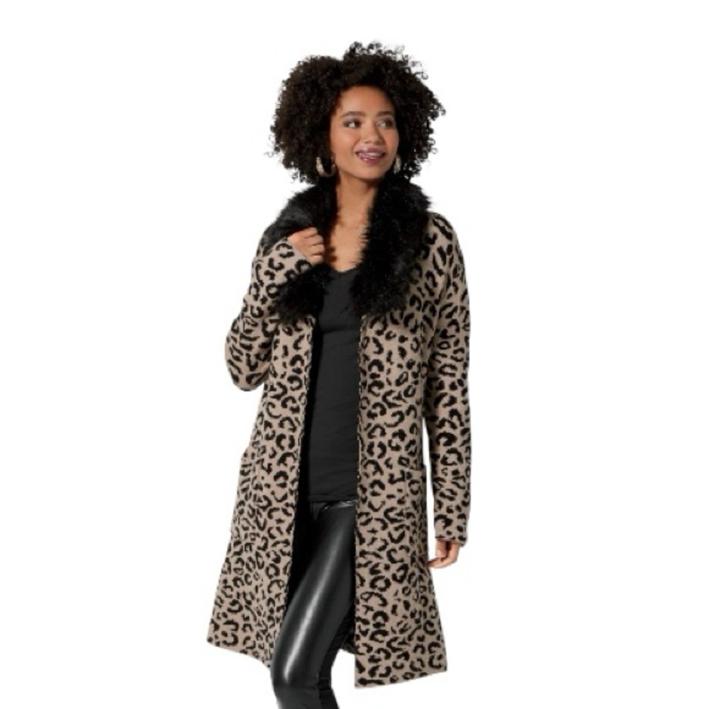 Masseys Leopard Print Long Sweater Coat with Removable Faux Fur Collar 1X